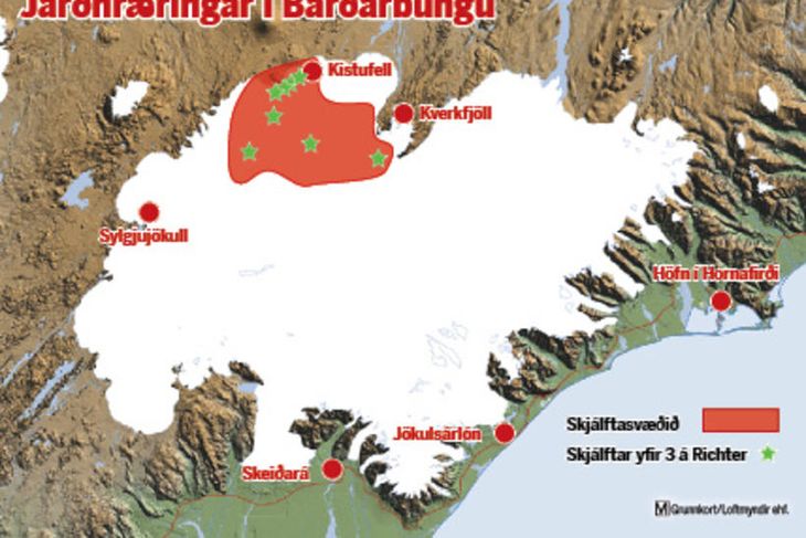 The orange area has been affected by seismic activity.
