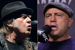 (COMBO) This combination of pictures created on January 25, 2022 shows singer Neil Young (L) …