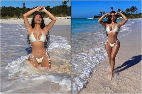 Kim Kardashian geislar af gleði á Bahama.