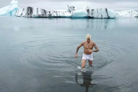 Bieber enjoying a cold dip in Iceland last year.